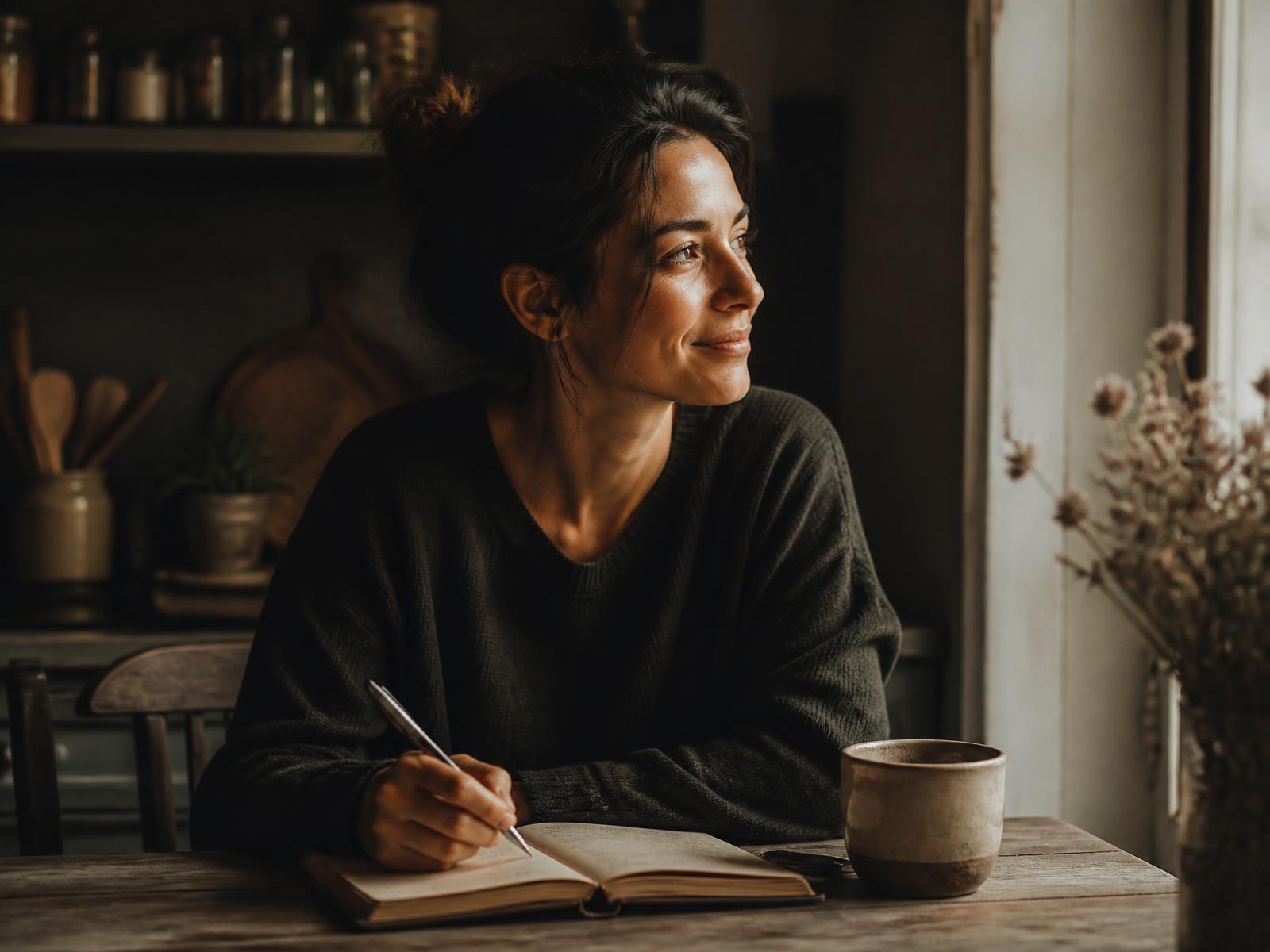 A person journaling at a kitchen table in soft morning light, calm and hopeful