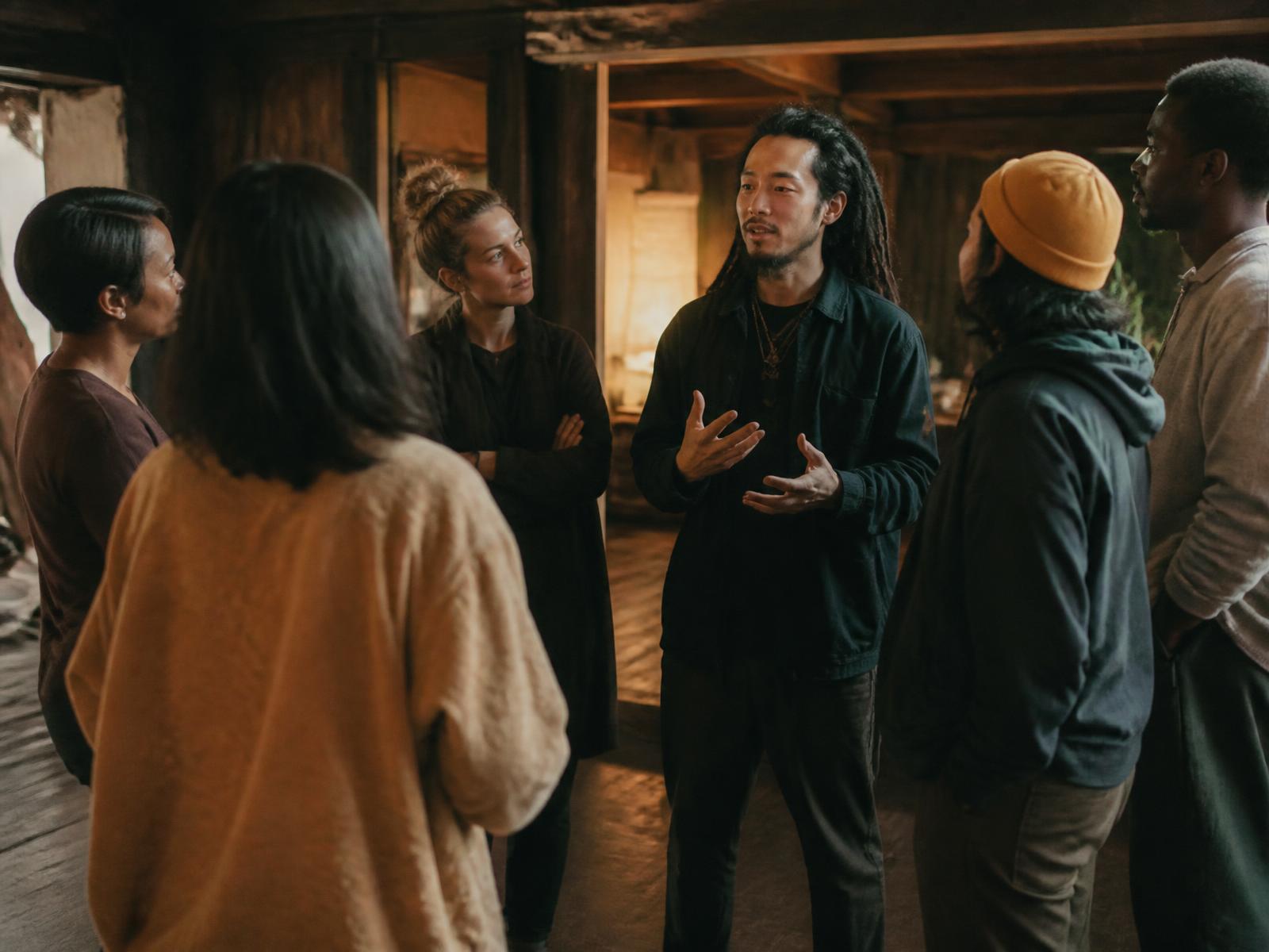 A small community group standing together in conversation in a warmly lit workshop space