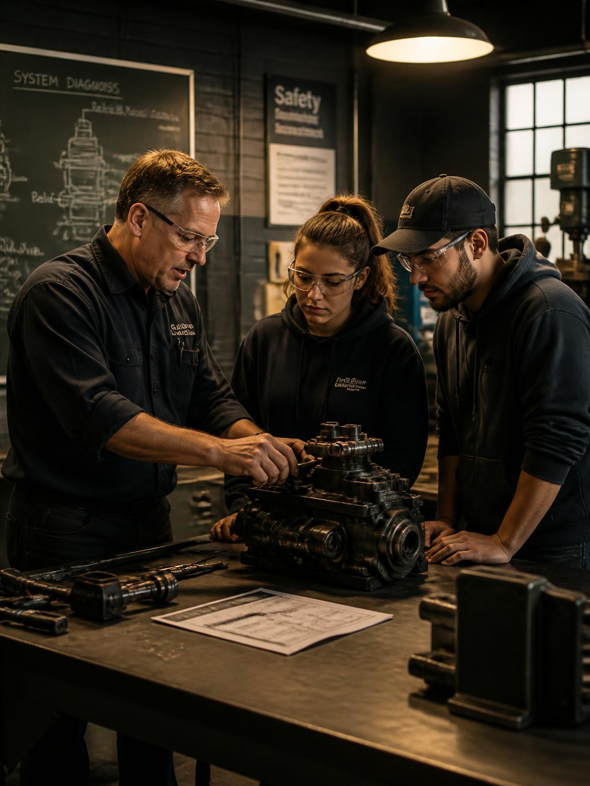 An instructor guiding two students through hands-on technical training at a workbench