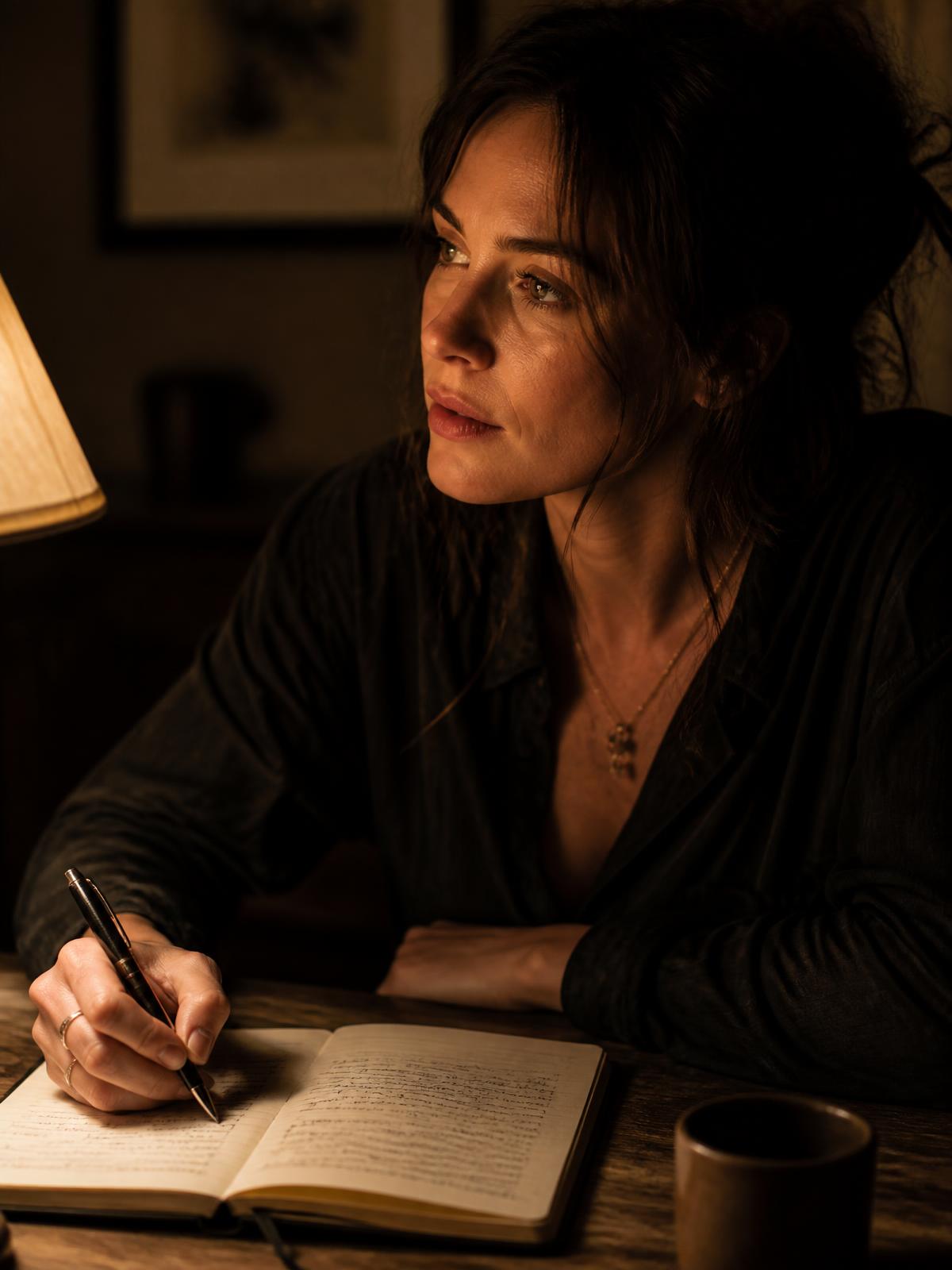 A woman writing in a journal by lamplight at a wooden table
