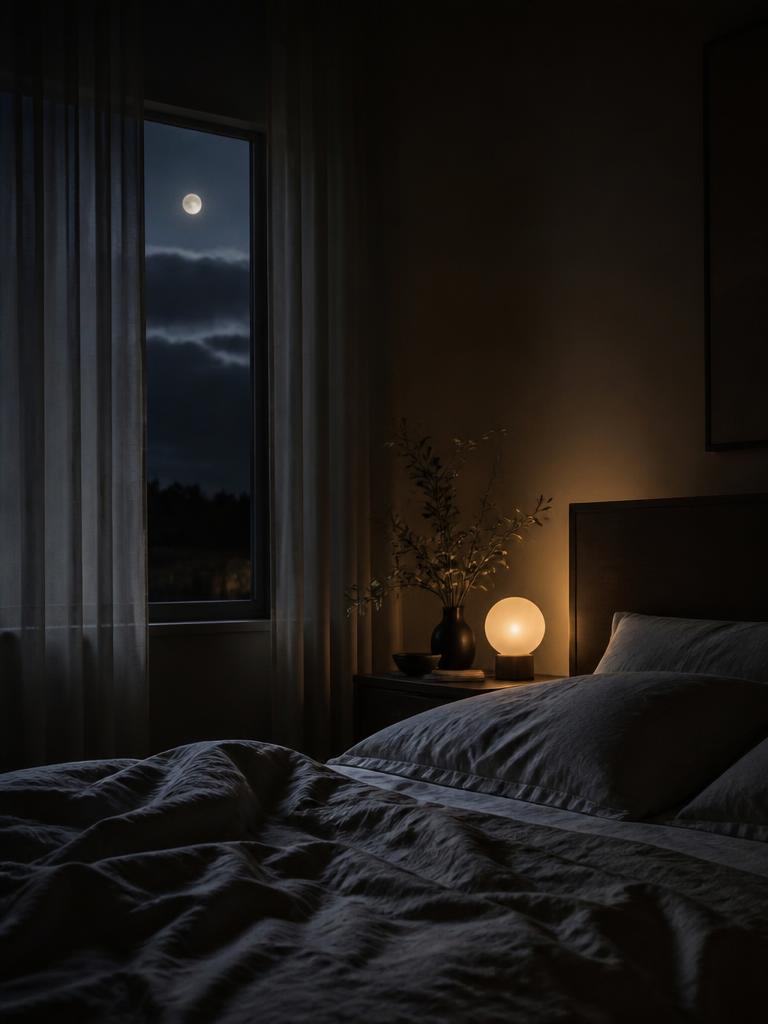 A calm, dimly lit bedroom at night