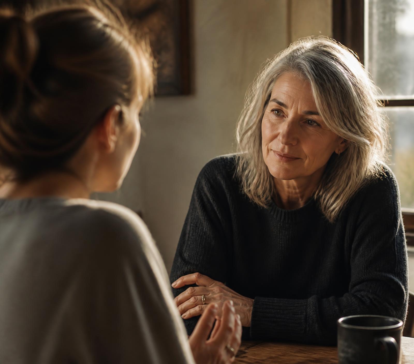 Two people sitting together at a wooden table in warm afternoon light, one listening closely as the other speaks