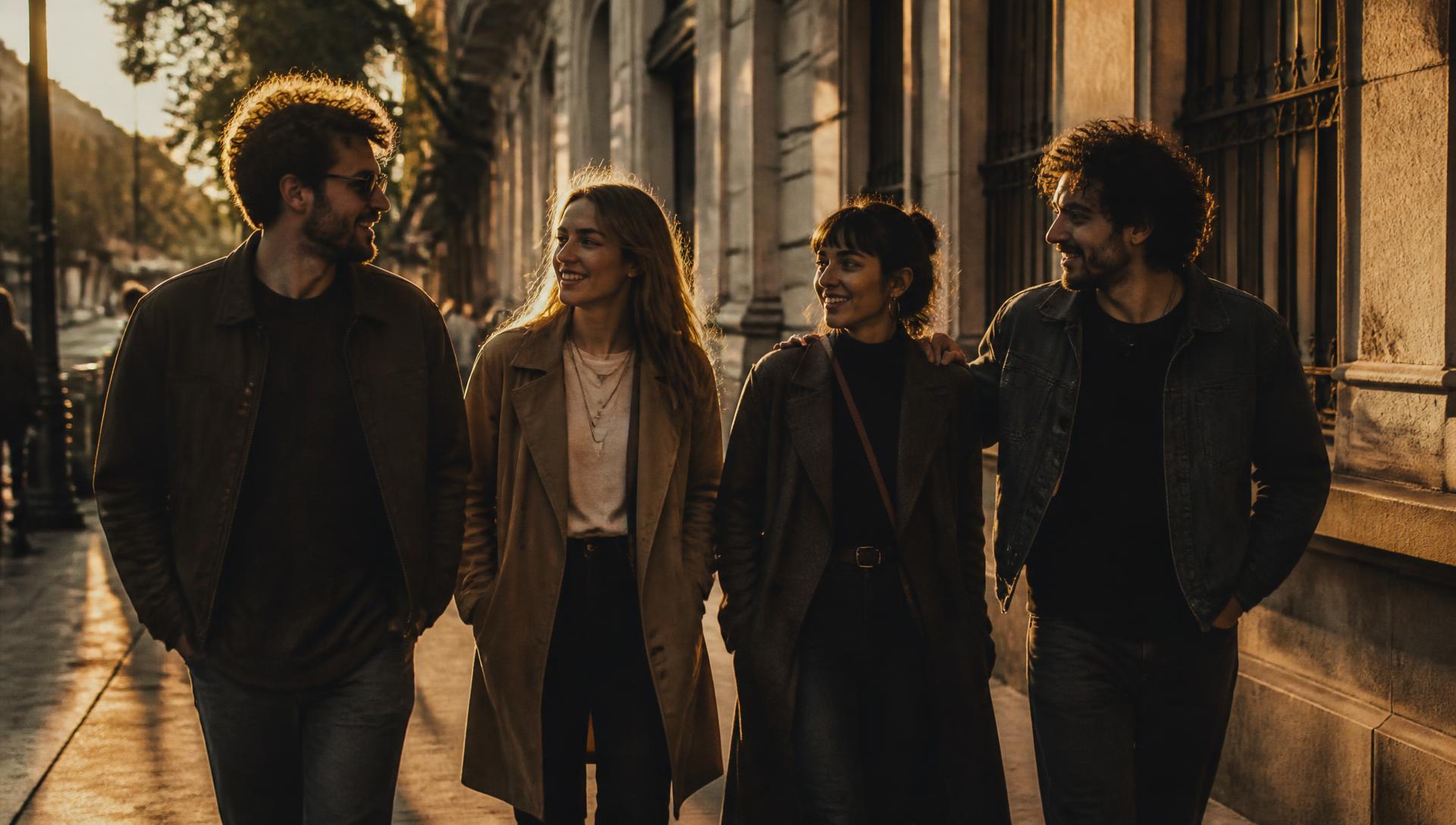 Four people walking forward together and talking on a city street at golden hour