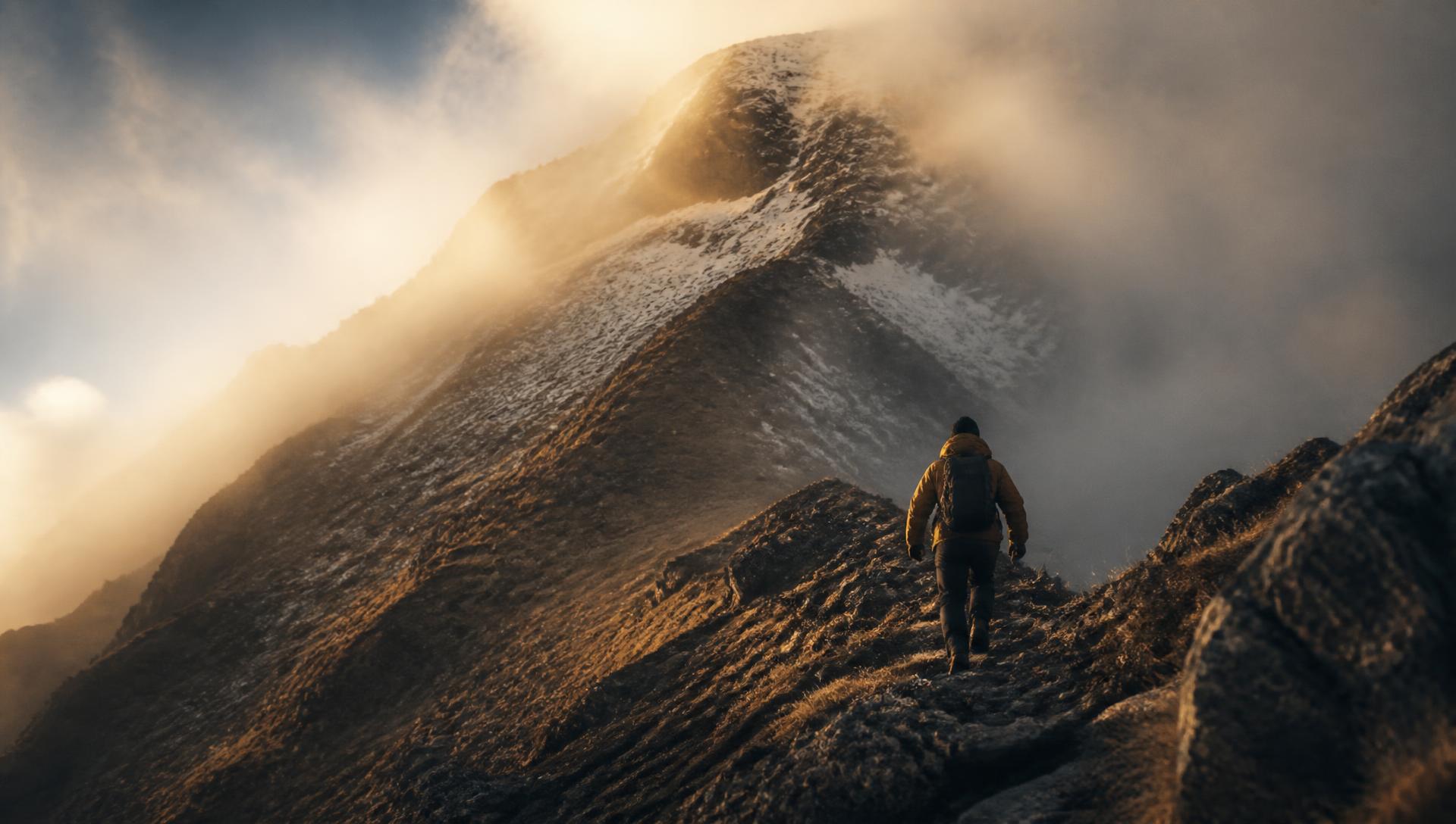 A climber ascending a steep alpine ridge at dawn, the summit still hidden in cloud above