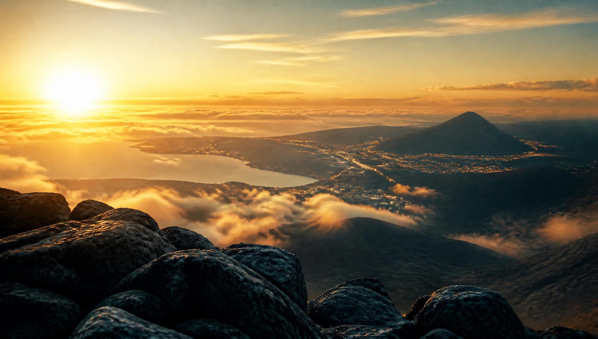 A wide sunlit horizon beyond the summit, with a distant valley town coming to life