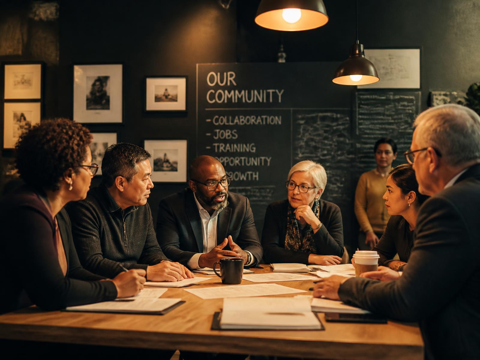 Community leaders and employers in purposeful conversation around a table