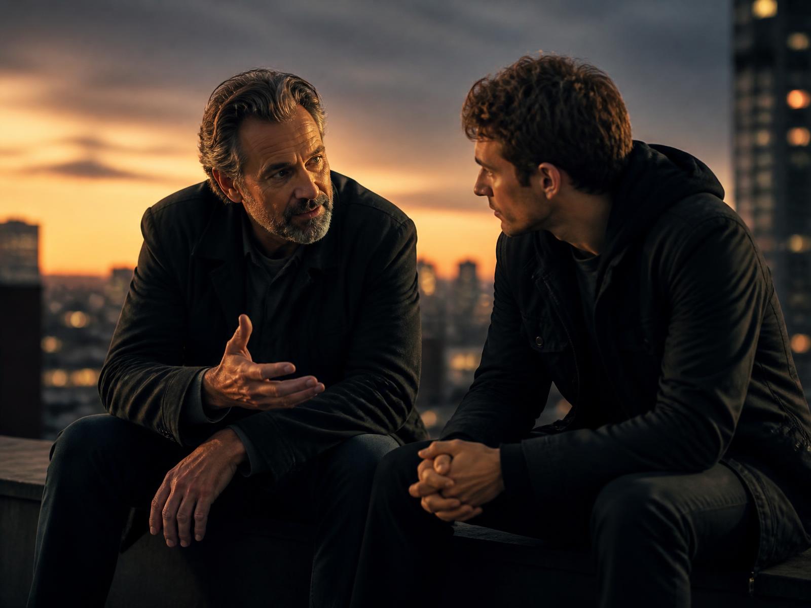 A mentor in encouraging conversation with a younger man on a rooftop at dusk
