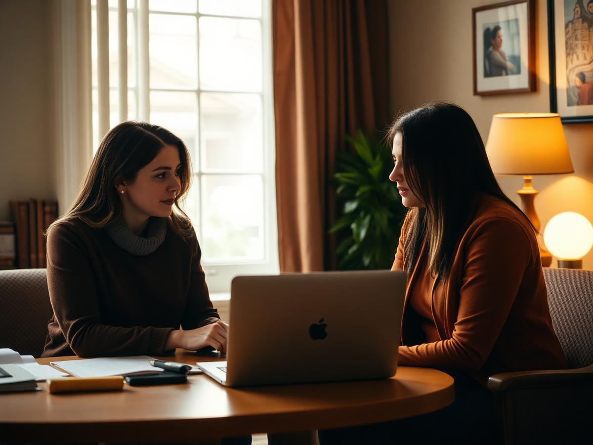 A woman and an advisor reviewing options together at a laptop