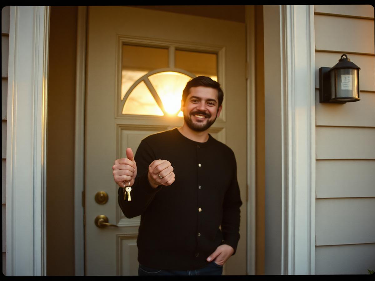 A man holding the keys to his new home in the doorway at golden hour
