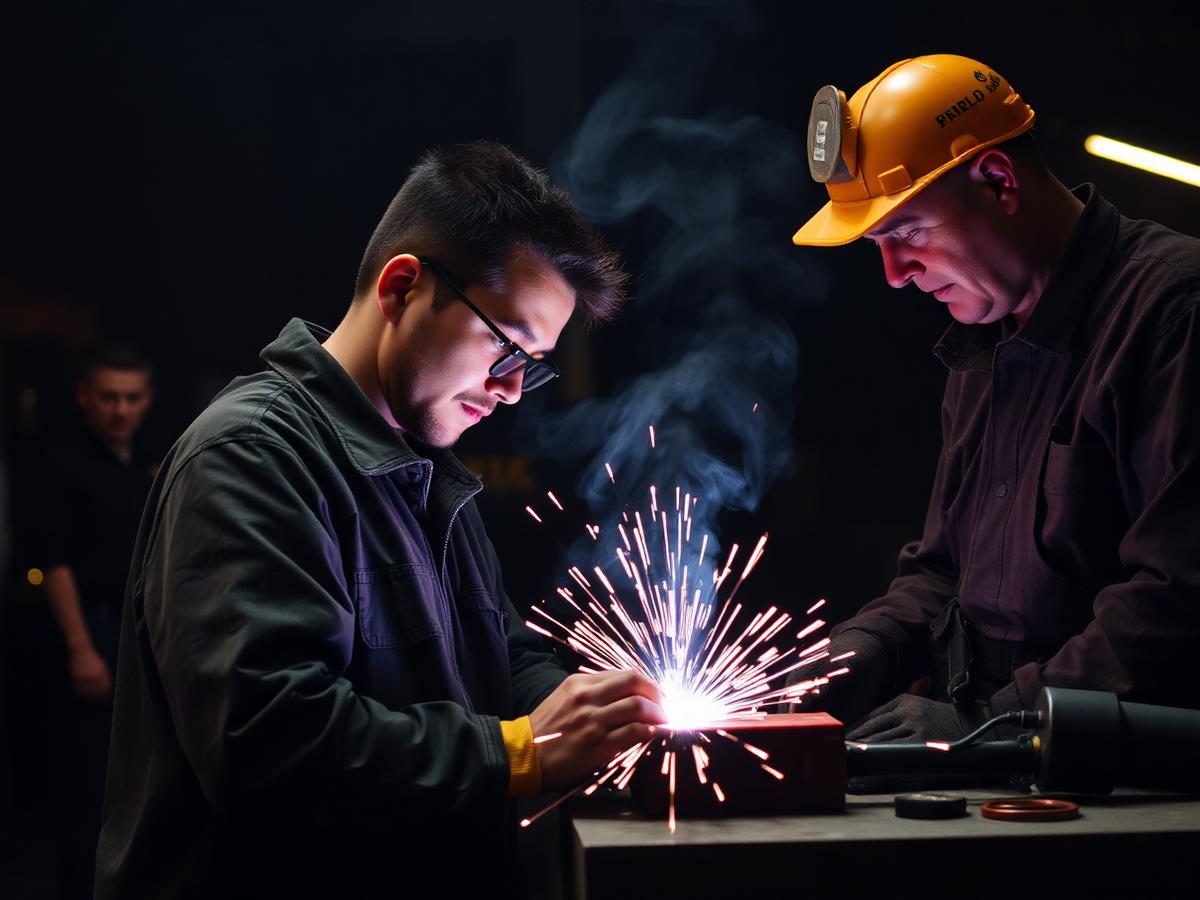 An adult student learning hands-on trade skills beside an instructor