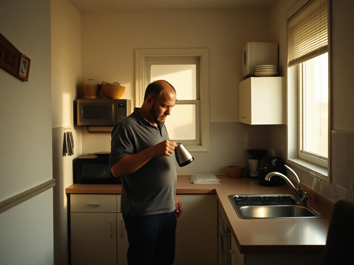 A man making coffee in his own apartment kitchen in morning light
