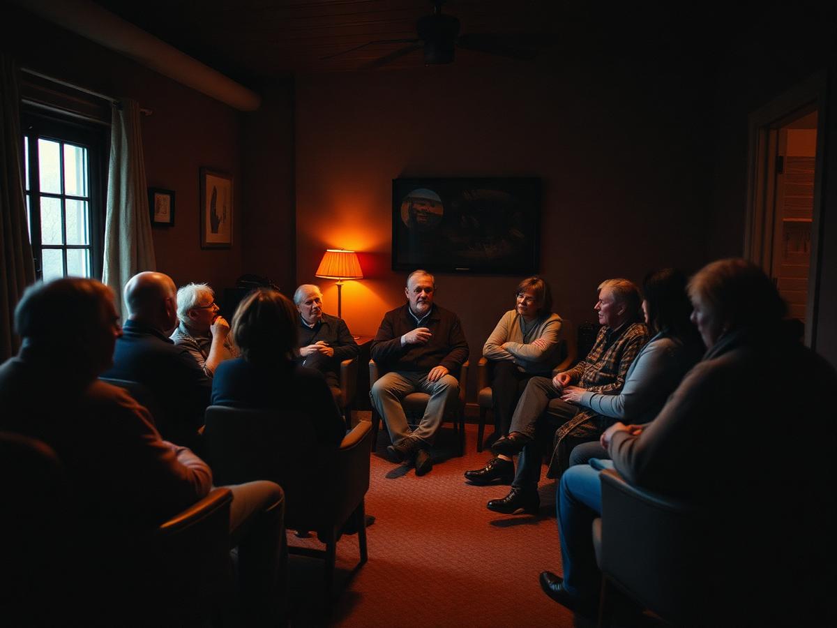 A small group sitting together in a circle in a warm community room