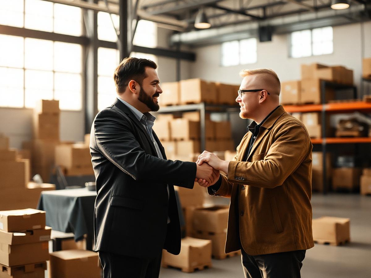 A hiring manager shaking hands with a new employee in a warehouse