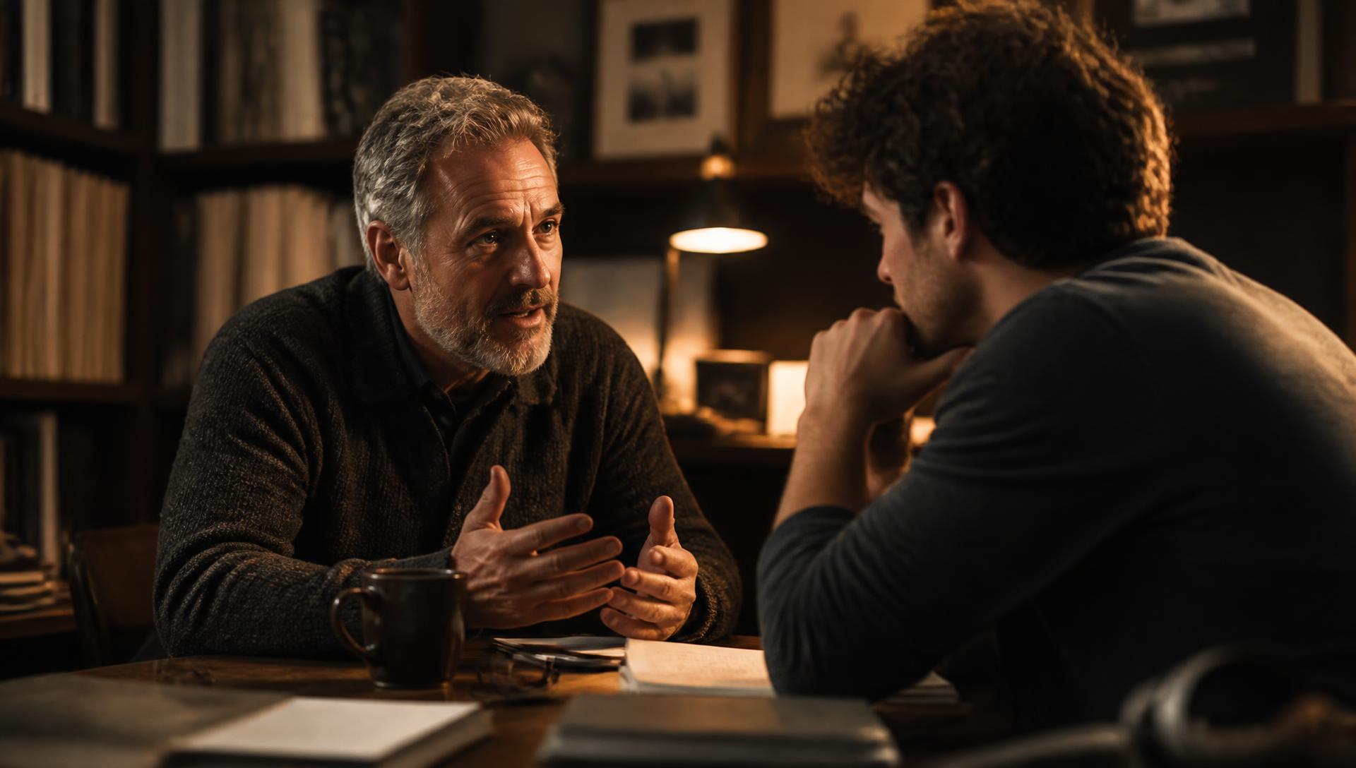 A mentor and a participant talking closely across a table in warm lamplight
