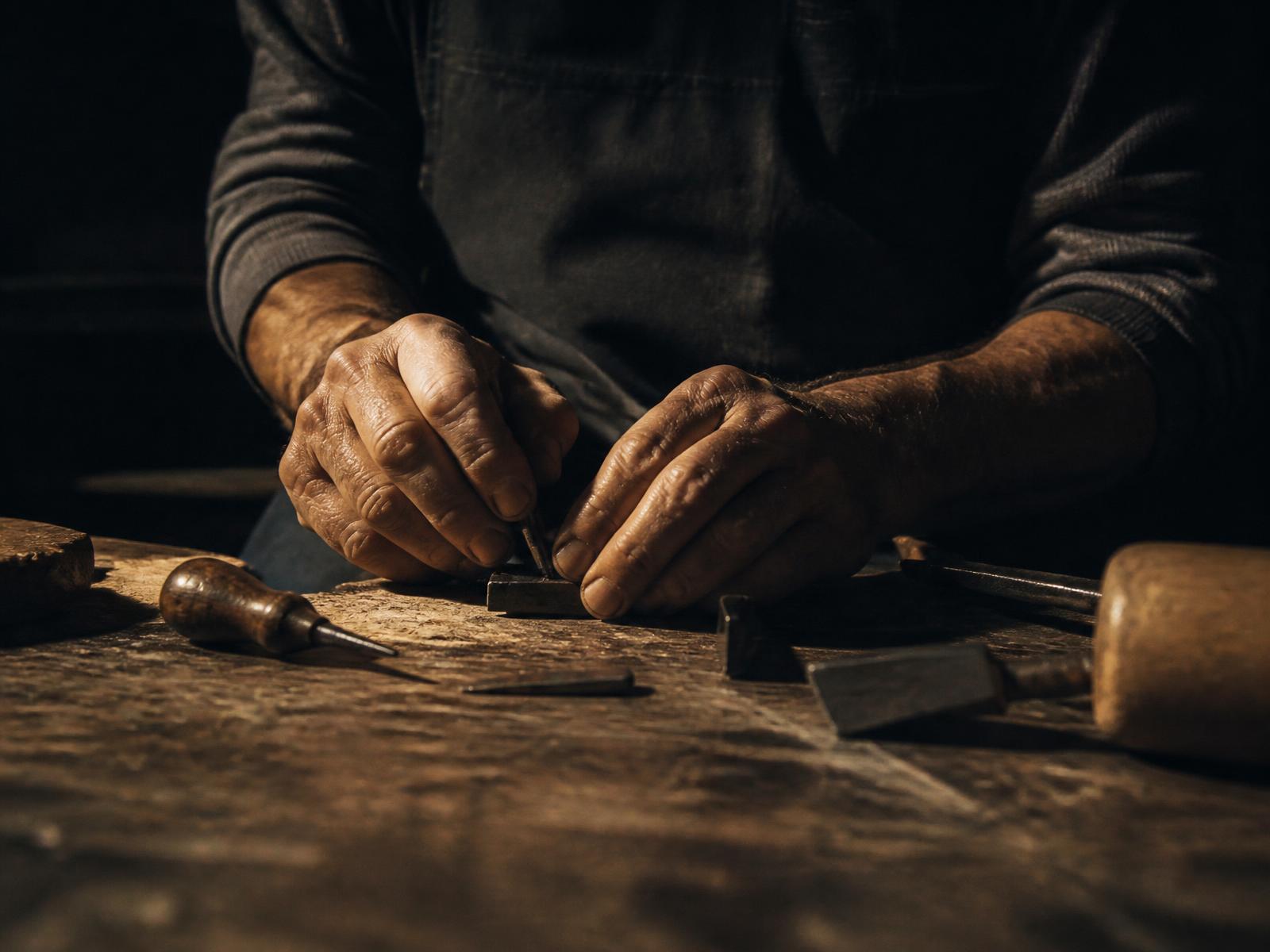 A pair of hands working carefully with tools at a wooden workbench in warm light