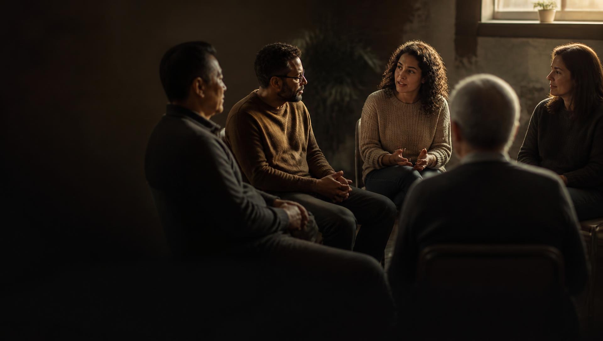 A small group of people in warm conversation at a Winner's Circle community gathering
